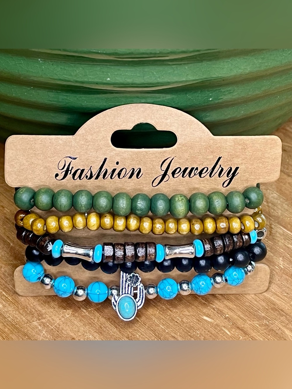Boho Beaded Bracelet Stack (5 Pcs) Turquoise Green Wood Cactus Charm